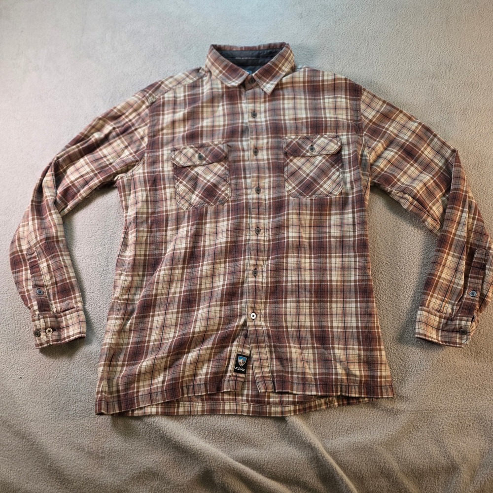 Kuhl Mens Brown Plaid Cotton Tencel Long Sleeve Button Down Shirt Large